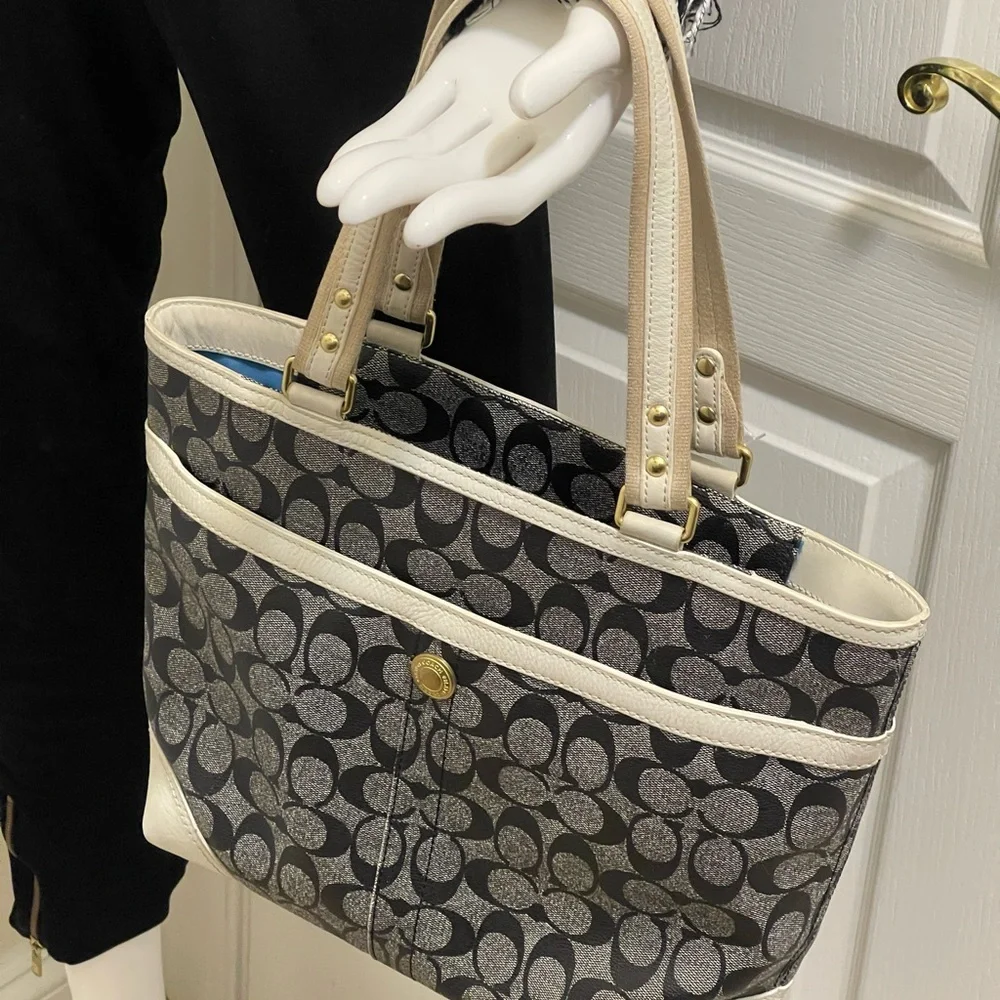 Coach bag gray and black with blue and white stripes gold logo in the front_6